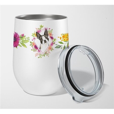 Carolines Treasures Carolines Treasures CK4257TBL12 12 oz Boston Terrier Pink Flowers Stainless Steel Stemless Wine Glass CK4257TBL12